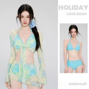 Bikini Swimsuit for Women 2025 New Tie-Dye Four-Piece Set, High-End, Beautiful, Sexy, Small Breasts, Pure Desire Hot Spring Vacation
