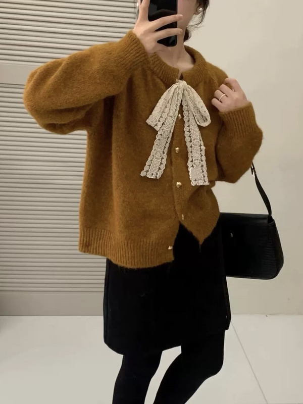 韩系甜美风秋冬毛衣女宽松设计感蕾丝蝴蝶结圆领针织开衫外套上衣|undefined