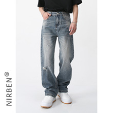 nirben牛仔|新品韩版宽松直筒中腰牛仔裤复古水洗设计男裤