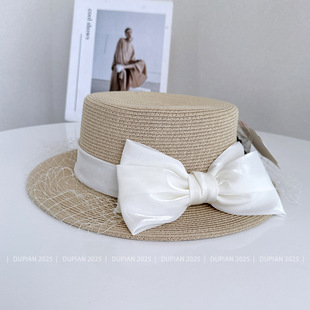 French high-end bow mesh flat top hat women summer seaside vacation straw hat outdoor sun protection sun hat trend