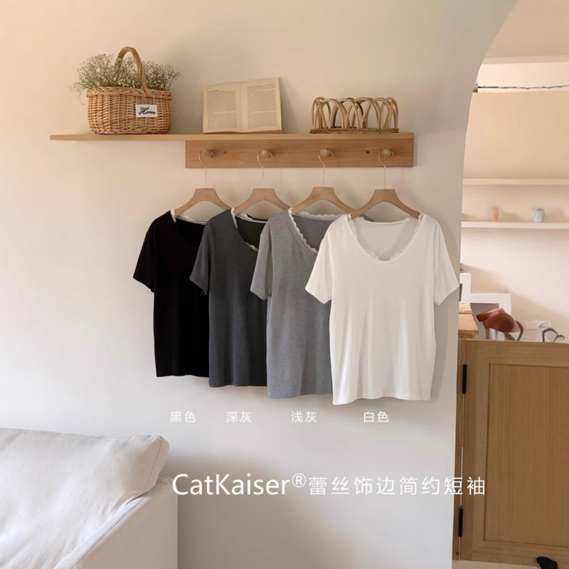 CatKaiser®Lace Trim Simple Short Sleeve V-Neck Romantic Lace Elegant Short Sleeve T-Shirt Women's New