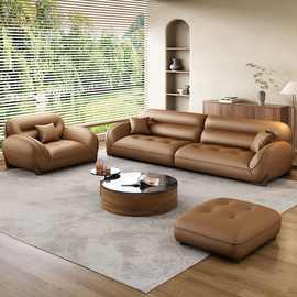 意式客厅轻奢真皮沙发高端复古风现代简约家用大小户型直排三人位