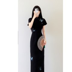 【苔蝶眠2.0】蝶改良チャイナドレス刺繍少女気質修身痩せ日常黒ワンピース