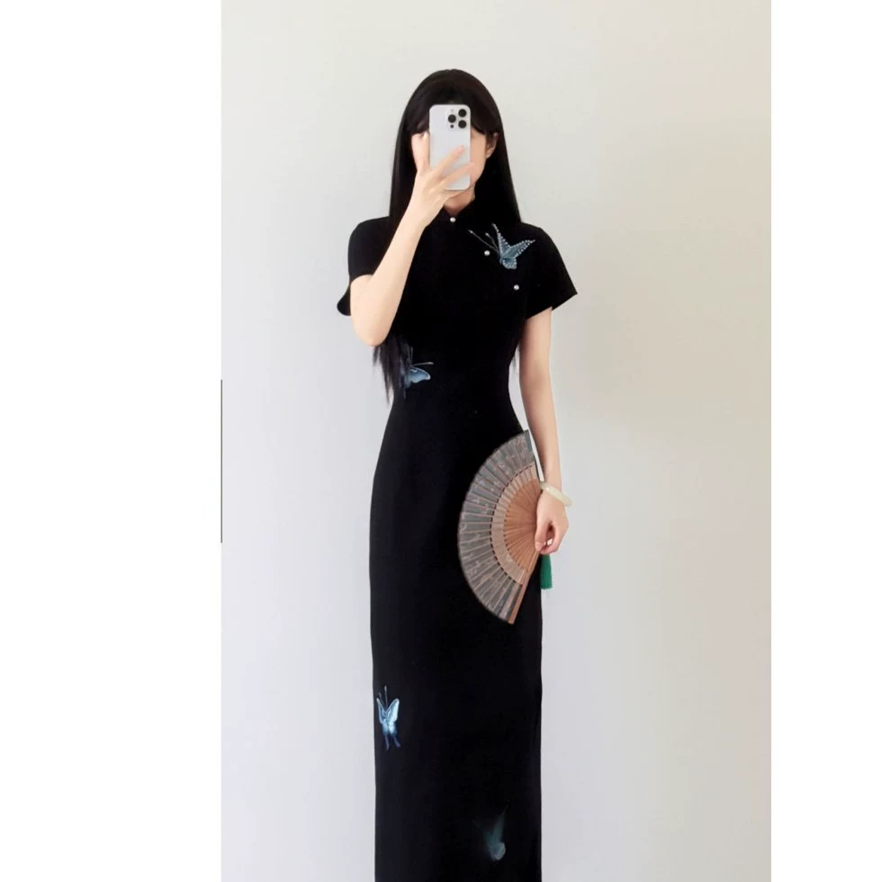 [Спящая бабочка 2.0] Бабочка улучшенная вышивка чонсам девушка темперамент тонкая повседневное черное платье