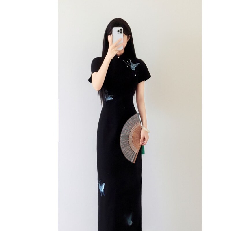 [Moss butterfly sleep 2.0] butterfly improved cheongsam embroidery girl temperament slim slim everyday black dress