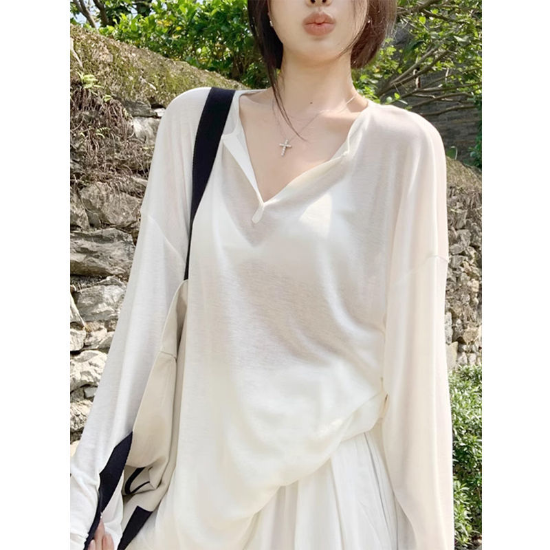 핫걸 자외선 차단 블라우스 여성 여름 2025 신상 마이크로 투명 마스크 긴팔 티셔츠 순수한 욕망 레이어드 화이트 탑