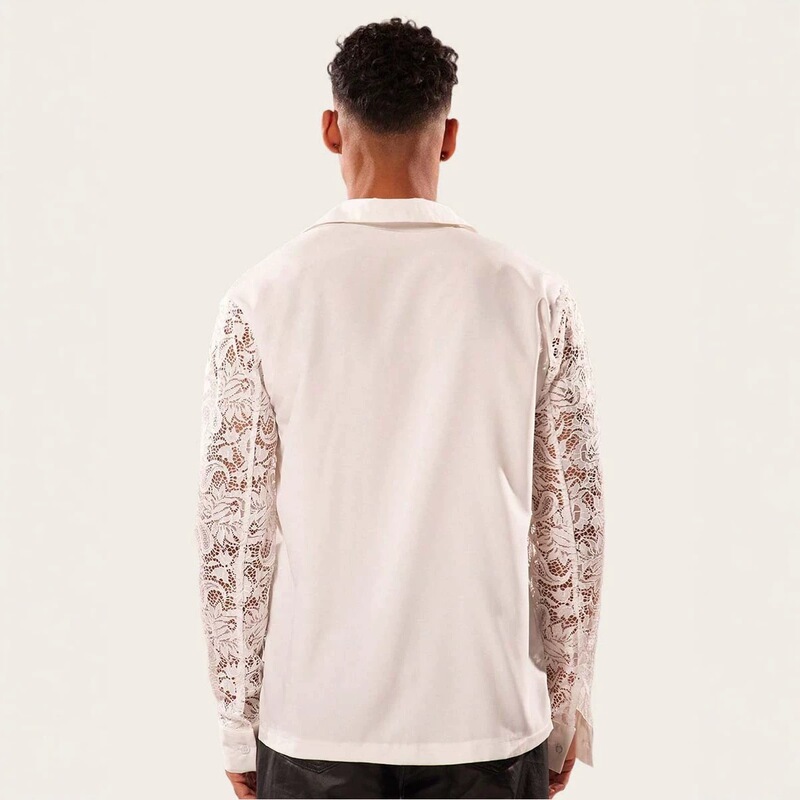 AYJ European and American style formal dress, hollow mesh long-sleeved shirt, men's loose plus-size lace transparent shirt for singer performances