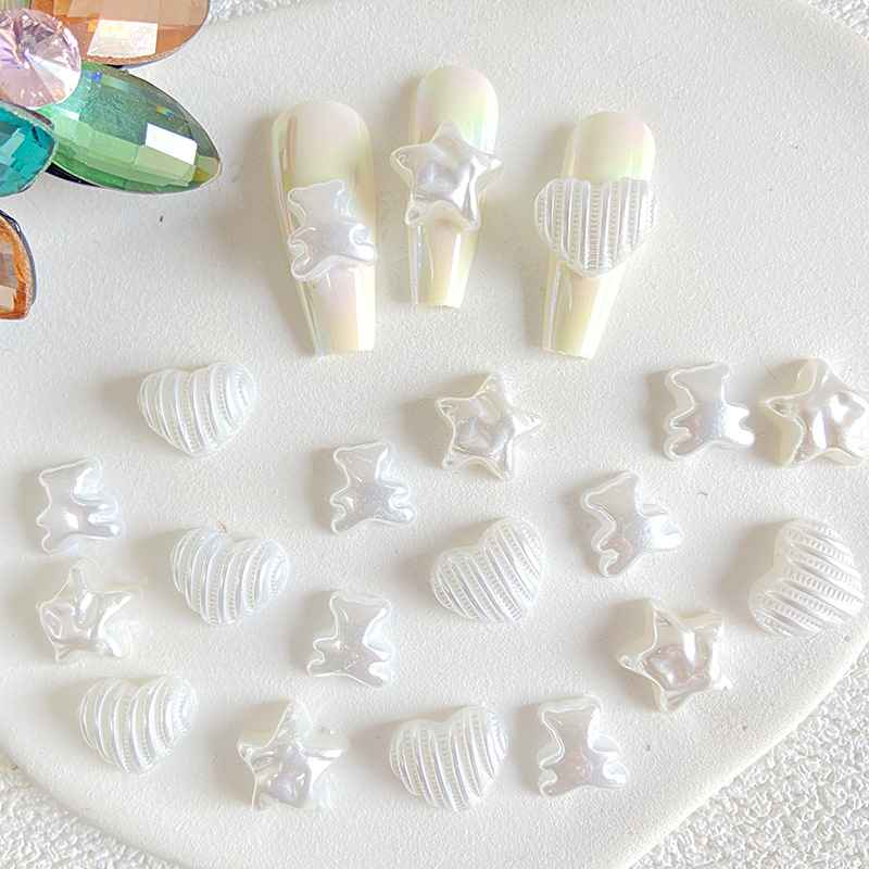 New nail jewelry summer versatile White Pearl five-pointed star three-dimensional striped love bear nail decorative diamond