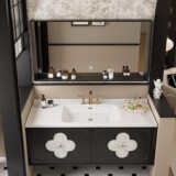 Французский в стиле ретро, шкаф для ванной комнаты, расписанная фарфоровое интегрированное бассейн, украшение оболочки, дубовая панель с четырьмя листьями, шкаф для ванной комнаты