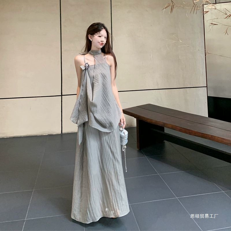 Новое платье на подтяжках в китайском стиле с воротником на бретельках, плиссированная юбка, женское свободное ленивое платье, костюм в стиле летних каникул