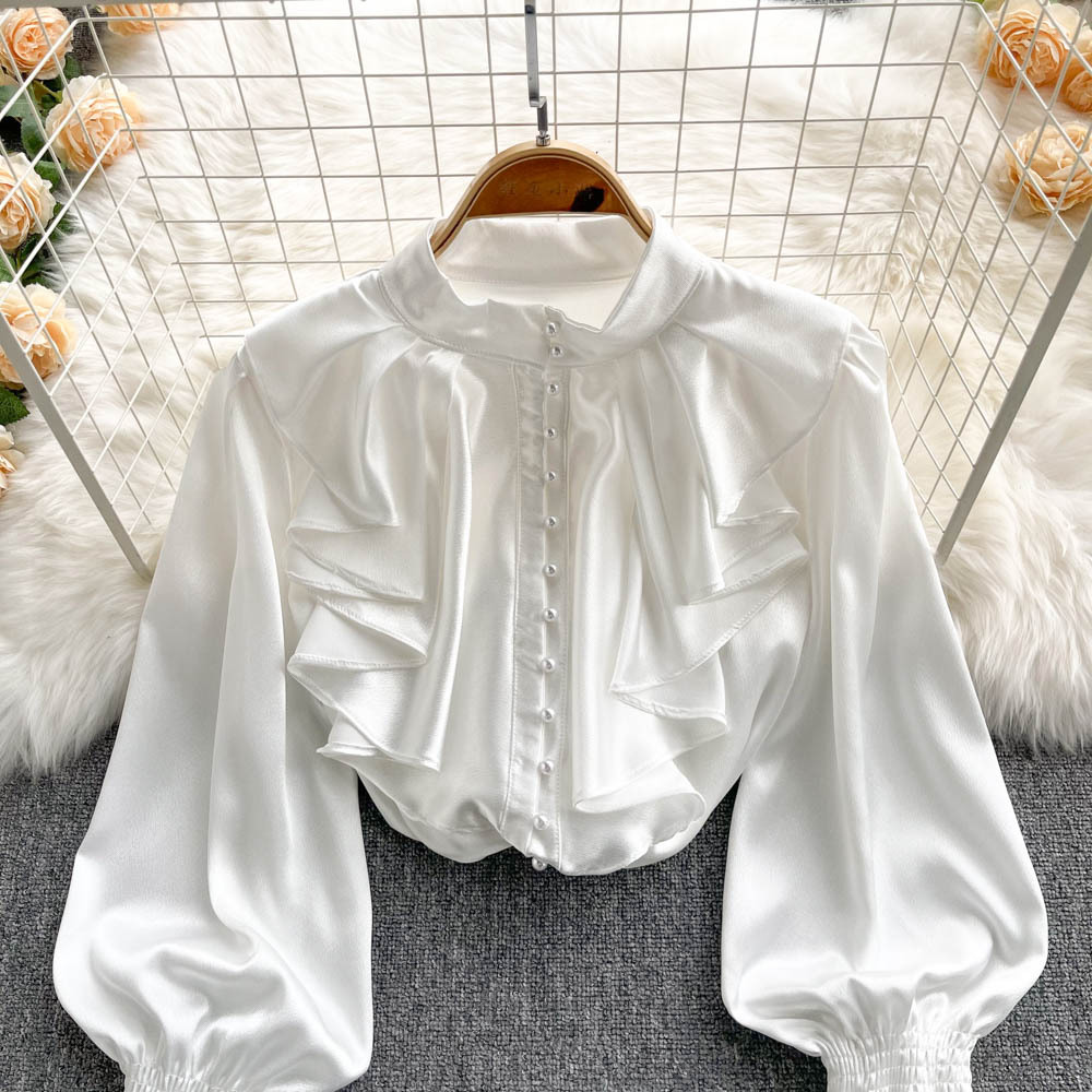 Chic GraceChic GraceChic GraceChic Foreign Trade French High-End Shirt For Women With Ruffled Stand Collar, Single-Breasted Sweet And Elegant Lantern_voghion.com