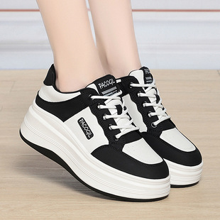 Round Head Long Standing Not Tired Feet Explosions Black and White Thick Sole Height Increasing Women's Simple Single-layer Shoes Soft Sole Soft Surface Sports Casual Shoes