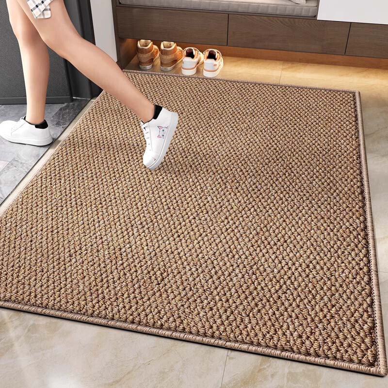 Solid-color doormat for the entrance, offering a sophisticated look, is durable, stain-resistant, and suitable for covering a large area of the foyer or entryway; it’s a full-coverage, faux-sisal carpet Solid-color doormat for the entrance, offering a sophisticated look, is durable, stain-resistant, and suitable for covering a large area of the foyer or entryway; it’s a full-coverage, faux-sisal carpet