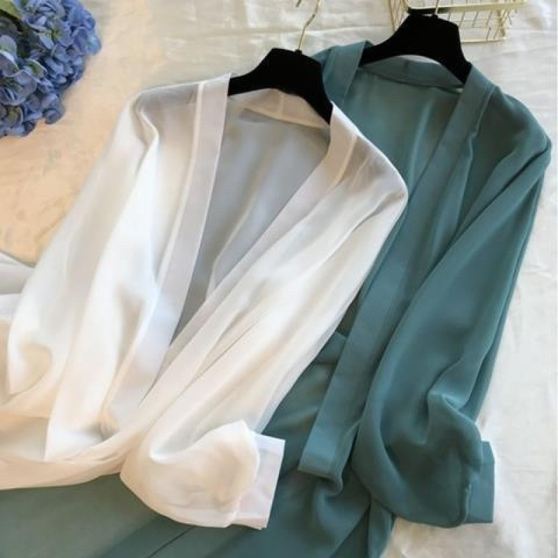 シフォン日焼け止め服ロング涼しい夏の新しいスタイルボタンなしルーズ薄手のアウターカーディガンミッドレングスビーチウェアショール|undefined