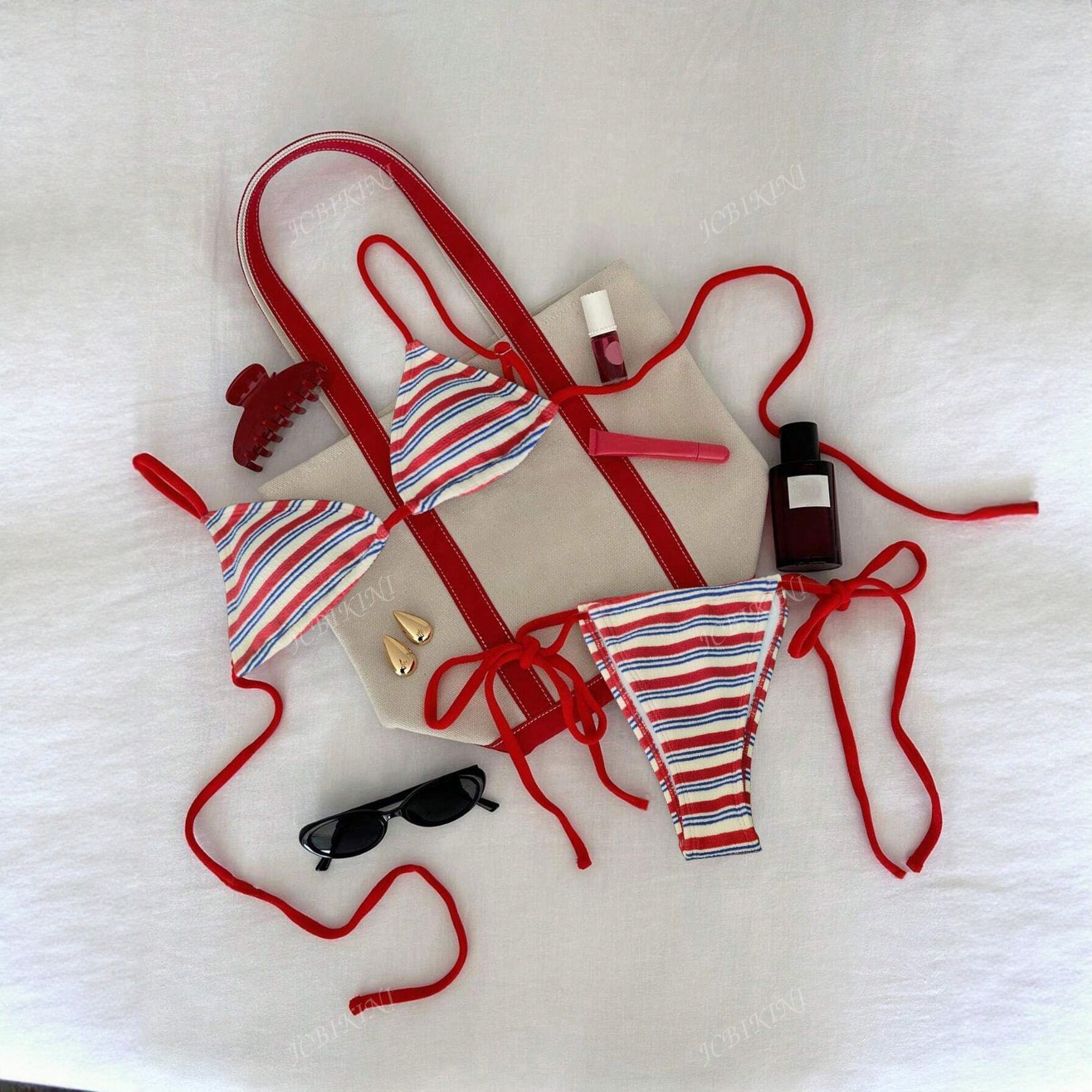 Maillot de bain deux pièces sexy pour femme, rayé, taille basse, à nouer, style européen et américain, tissu spécial 2025_voghion.com