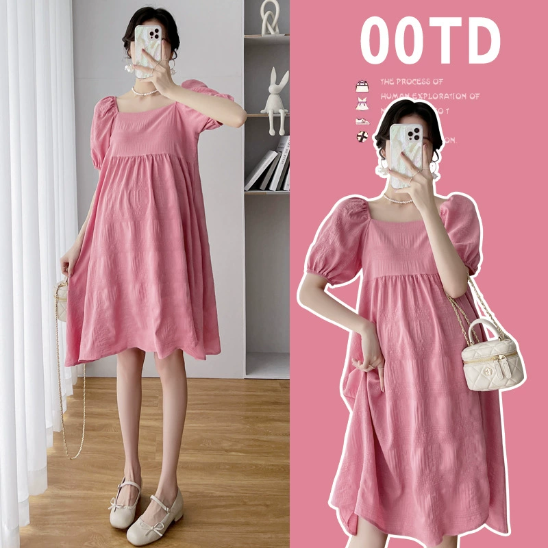 Летнее платье для беременных 2023 Новая мода элегантная квадратная Шея Свободная юбка средней длины для похудения с пышными рукавами