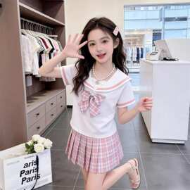 初中生夏季新款套装裙女童短袖T恤百褶裙时尚甜美儿童夏天两件套