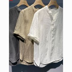アメリカのレトロな亜麻丸襟半袖シャツ男性夏の大きいサイズ200斤のファッション的なゆるい麻布カジュアルシャツ
