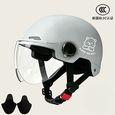 Motosiklet kaskı (dəbilqə) – motorcycle helmet men's and women's battery - 02-gray-transparent-short-lens-silver-white-bear-ear-protection