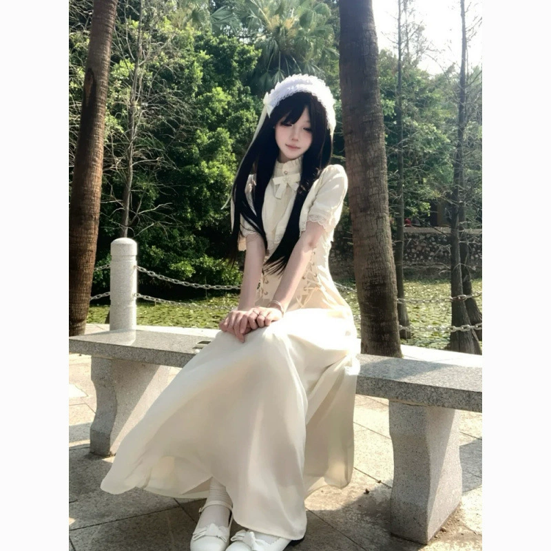 [Поверхностная мечта о звоне] Новое летнее платье-накидка средней длины в стиле готической лолиты с кружевной талией 2025 года