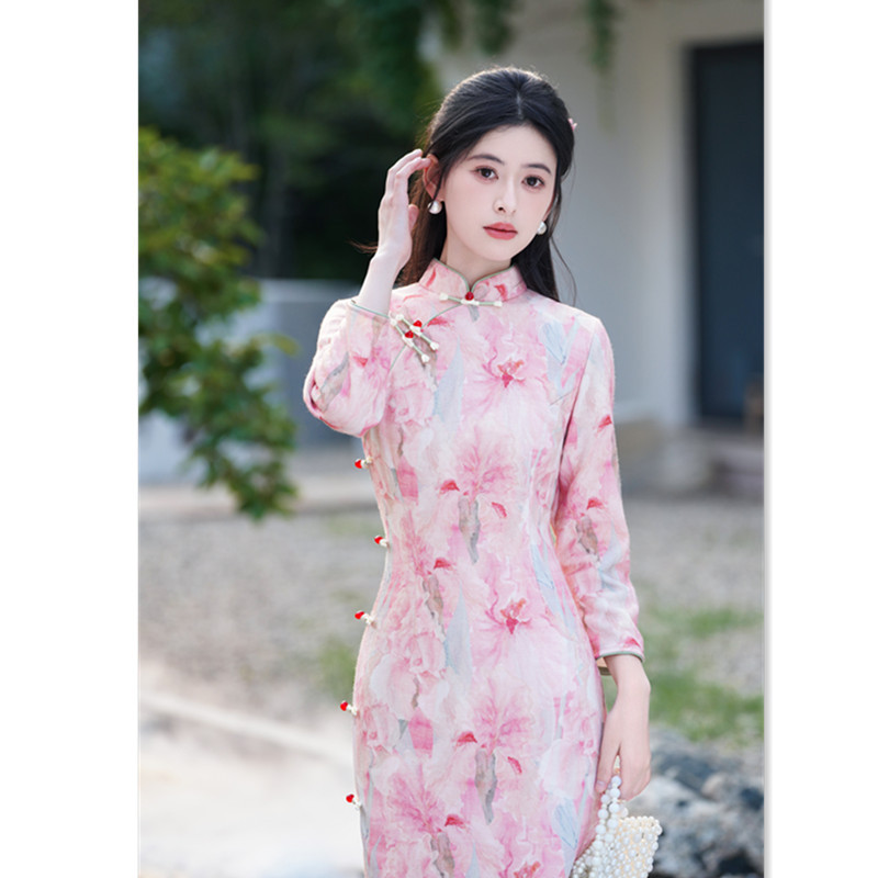 曼丽绒单层年轻少女款长裤七分袖旗袍2025秋新款复古国风日常旗袍|undefined