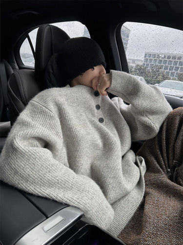 Leisurely and Luxurious Henley Collar Knit Sweater for Men - Autumn/Winter Edition, Korean Style Fashion Brand, Design-Savvy Hooded Soft and Plush Knit Top