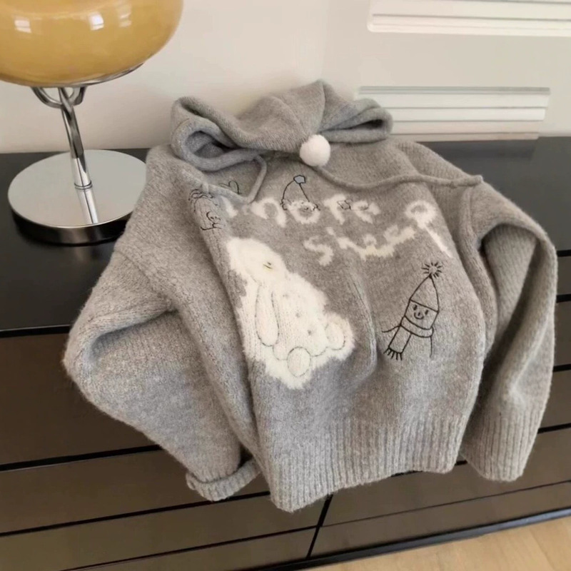 Lazy-style gray cartoon hooded sweater, women's autumn/winter new Korean-style loose-fit thick knit inner layer sweatshirt Lazy-style gray cartoon hooded sweater, women's autumn/winter new Korean-style loose-fit thick knit inner layer sweatshirt