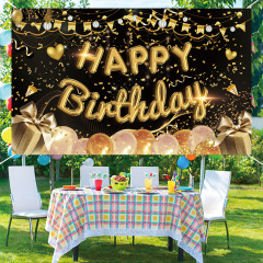 国境を越えた新しい誕生日背景布旗ブラックゴールドプリント誕生日パーティーバナー屋外吊り旗装飾布