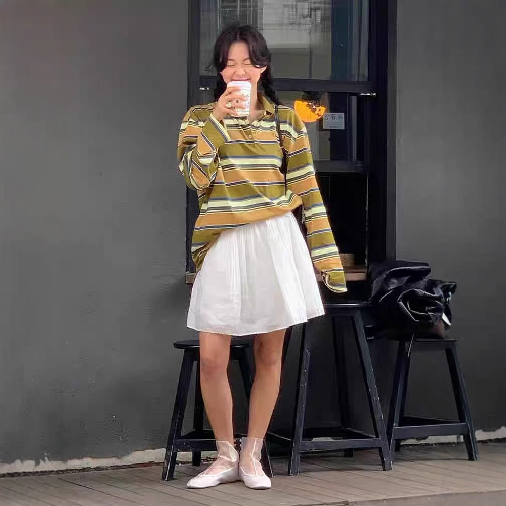 Spring/Summer Women's Clothing - Letter Embroidery Appliqué Loose Striped Long-Sleeve Polo Shirt - Versatile Wardrobe, High-End Chic