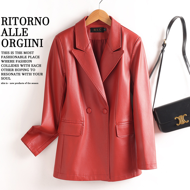 2025 Real Shot of New European and American Small Suits Cross-Border Long-Sleeved Jackets for Women Commuting Casual Pure Color Suit Leather Jackets