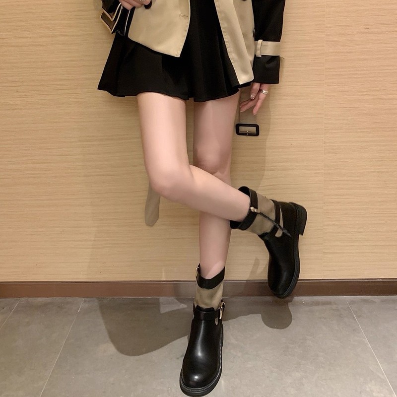 牛皮葡萄妈拼色复古真皮骑士靴子皮带扣粗跟厚底马丁靴女西部长靴|undefined