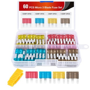 60PCS Micro3 car 3-pin miniature insert fuse combination kit replacement part 5A7.5A10A15A