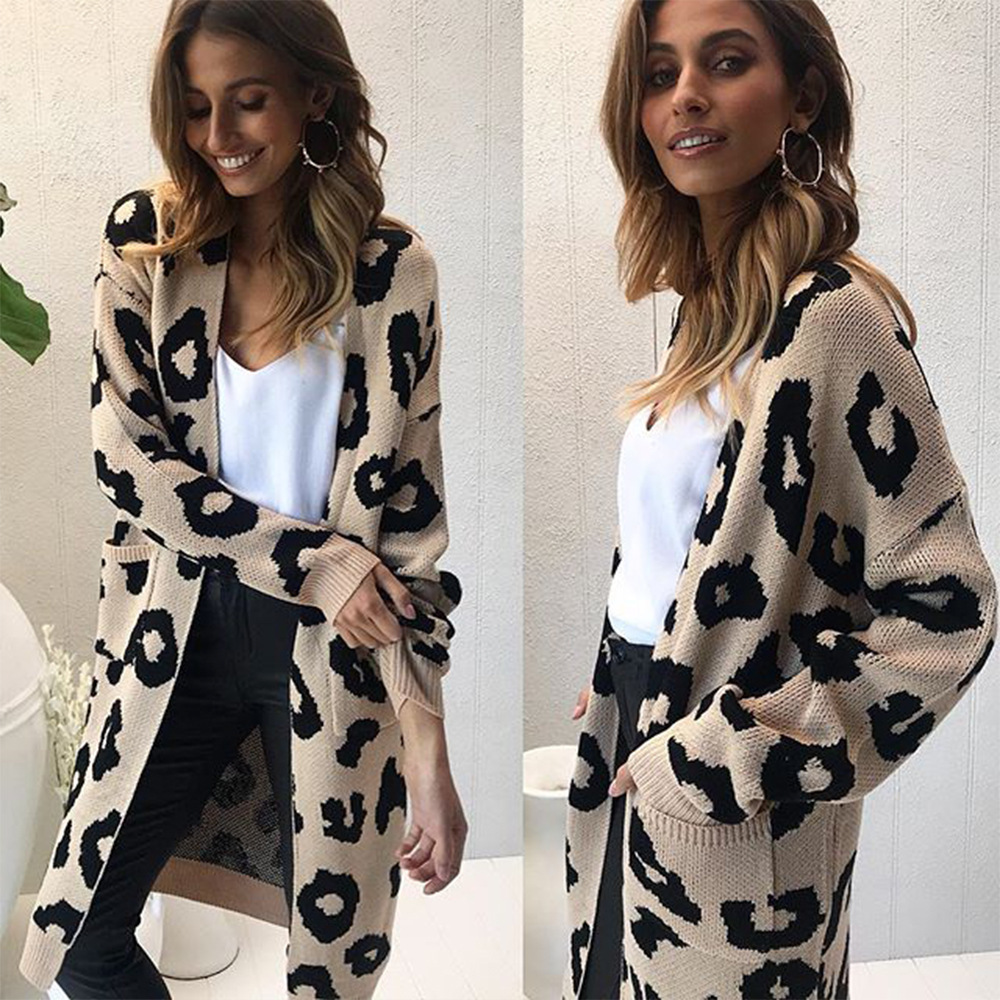 Women's Clothing leopard print sweater loose mid length knitted cardigan top one piece drop shipping_voghion.com