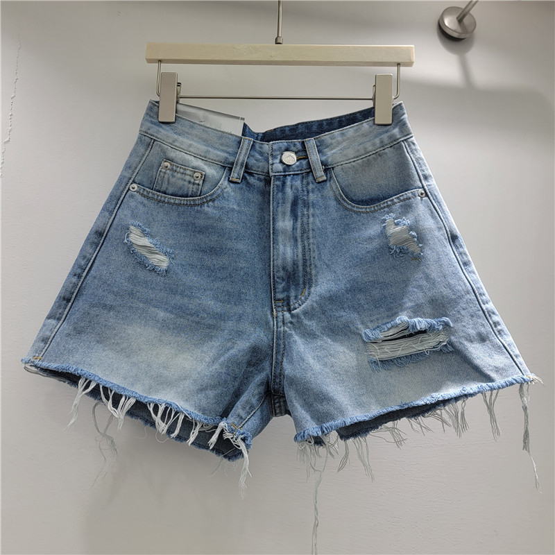 Pantalones Cortos de Mezclilla de Tiro Alto con Agujeros para Uso Casual
