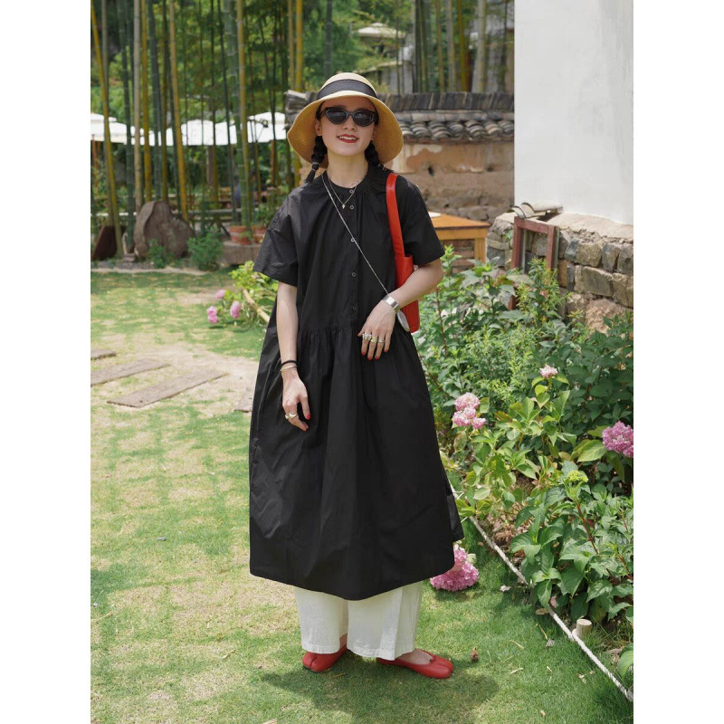 Japanese-Style Short-Sleeve Loose Versatile Long Round-Neck Dress, Summer Thin Robe for Meditation Japanese-Style Short-Sleeve Loose Versatile Long Round-Neck Dress, Summer Thin Robe for Meditation