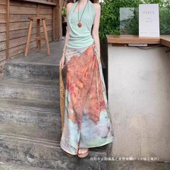 度假风挂脖背心上衣复古扎染高腰半身裙女2025夏季新款小众套装潮