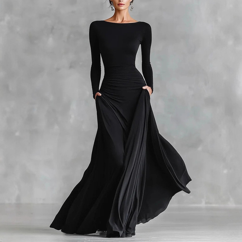Independent European and American 2025 Cross-Border Autumn and Winter Solid Color Exquisite Wrap Boat Neck Waist-Slimming Irregular Dress