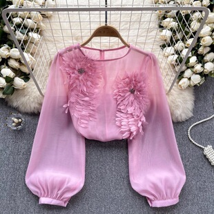 New Design Pullover Floral French Top for Women 2025 Three-Dimensional Shirt Women's Spring Style Puff Sleeves Slim Fit Versatile