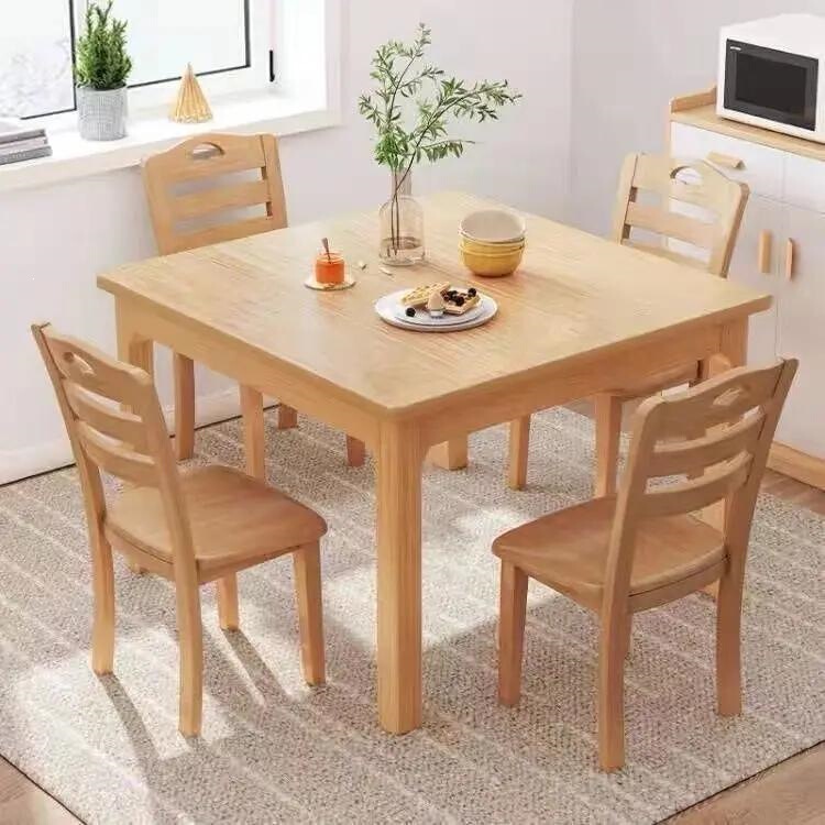 Square table with solid wood legs and thickened tabletop, widened skirted edge, dark walnut color dining table, minimalist natural wood style small home dining table