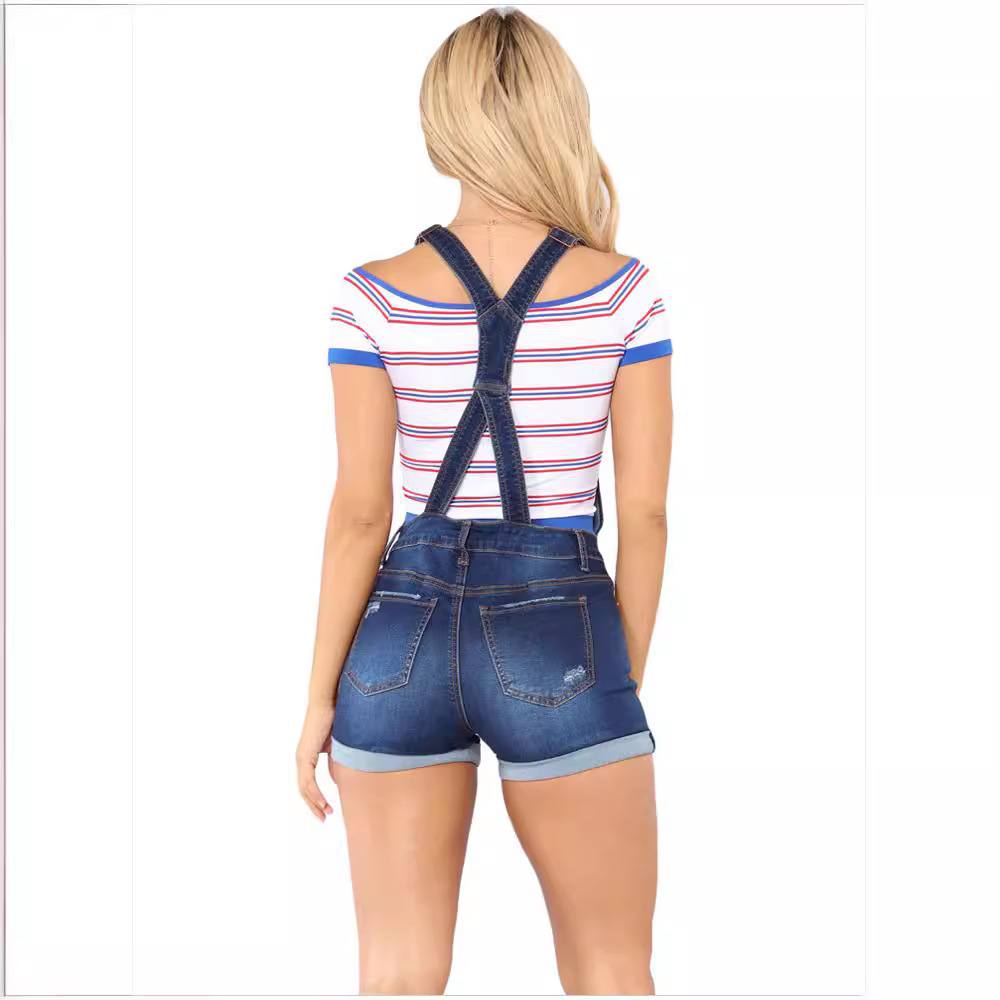 Primavera Amazon Europa y América ripped hip lifting suspender curling jeans deseo Pantalones Cortos de fábrica en las ventas Al Por Mayor