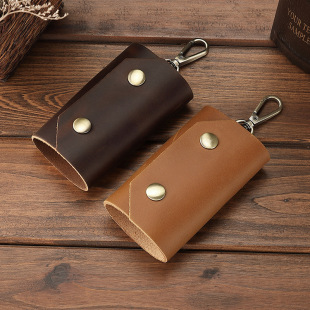 Lisa's New Genuine Leather Car Key Case, Small Lock, Crazy Horse Leather Top Layer Cowhide Keychain, Factory Wholesale, Vintage Style