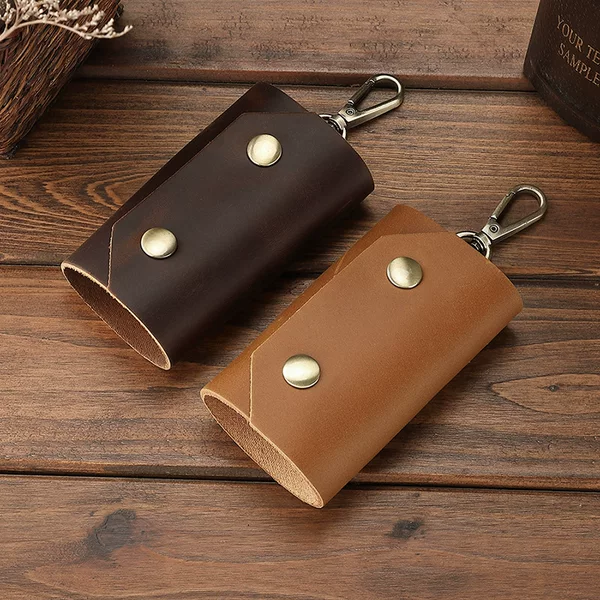 Lisa Genuine Leather Car Key Case, Small Lock, Crazy Horse Leather, Top Layer Cowhide Keychain, Factory Wholesale, Vintage Style, Portable