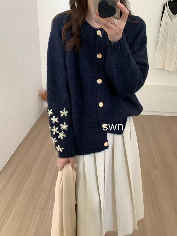 甜美重工花朵刺绣针织开衫女韩版秋冬新款软糯百搭显瘦毛衣外套潮|undefined