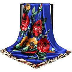 Korean Version 2021 Spring New Elegant 90cm Women's Silk Scarf Rose Print Large Scarf Headscarf Wholesale Factory Direct Supply