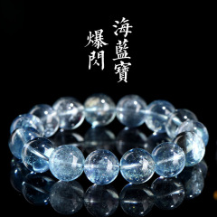水晶 7A级天然黑爆闪海蓝宝圆珠手链 冰种闪片海蓝宝手串