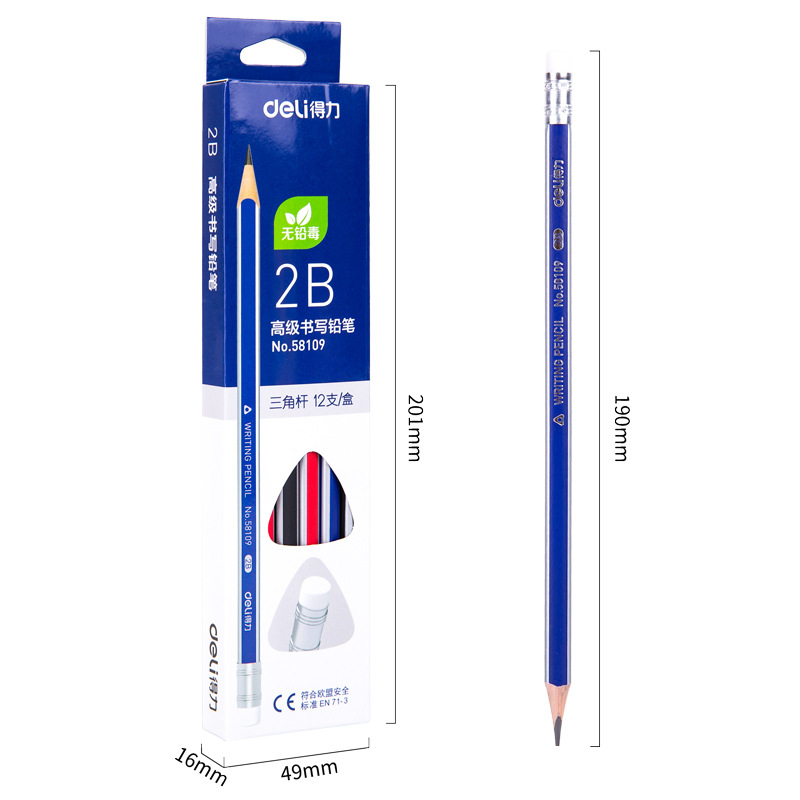 Deli 58109 triángulo varilla 2B lápiz estudiante dibujo lápiz con borrador cabeza examen pluma
