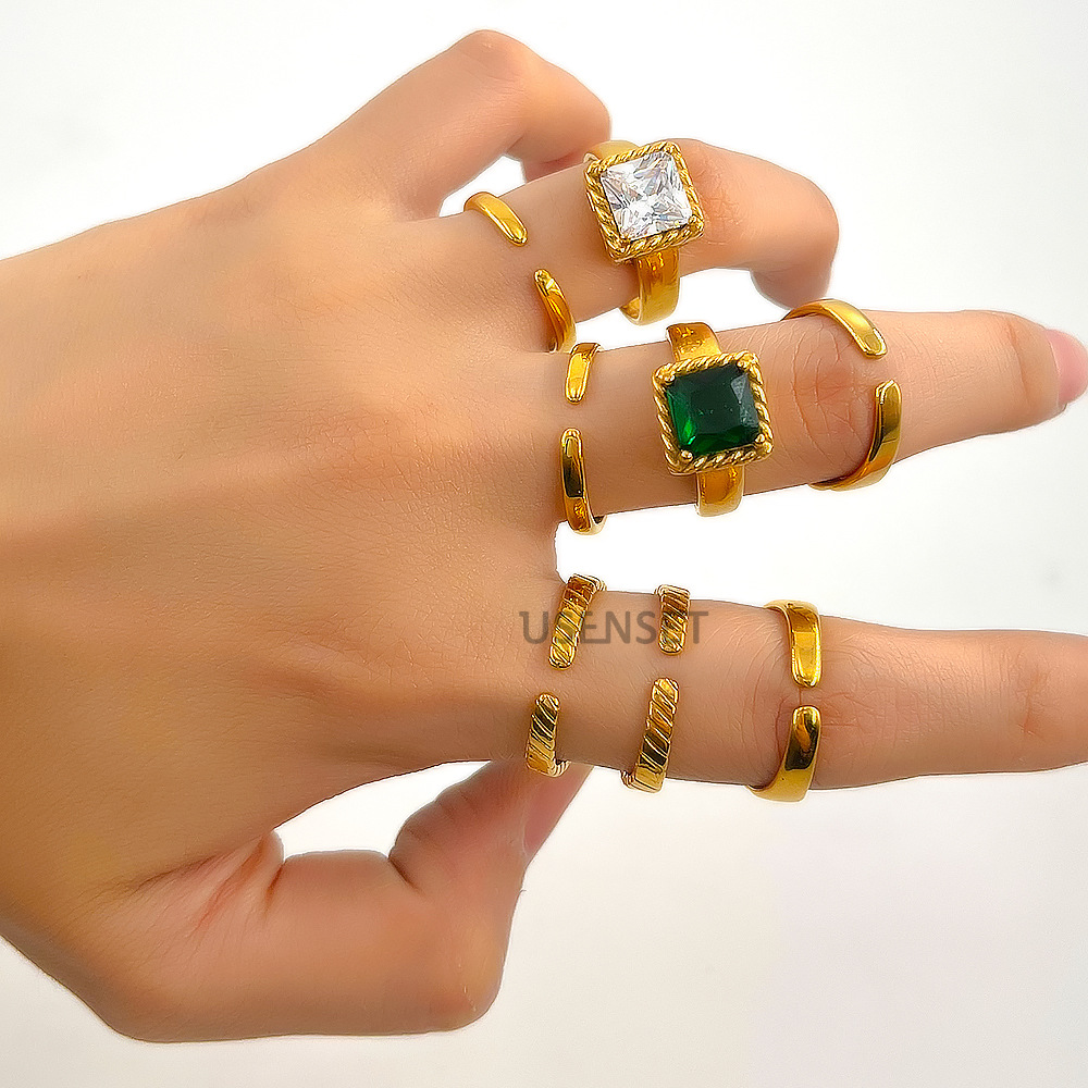 Fashion Geometric Stainless Steel Gold Plated Zircon Open Ring