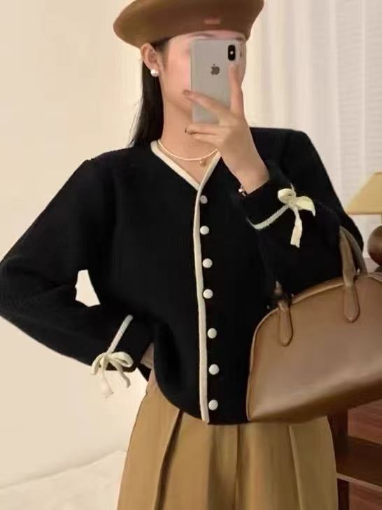 韩系甜美风短款针织开衫女秋冬季设计感小众系带毛衣外套外搭上衣|undefined