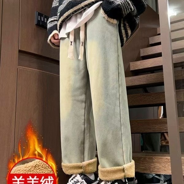 Winter Jeans Men's fleece-lined Thick Lamb Fleece Casual Loose Straight Warm All-match Duffy Handsome American Vintage