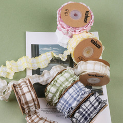 Japanese and Korean-style bubble crepe pleated grid hair accessories with floral packaging, straw hats, bow ties, wavy edge, checkered ribbons